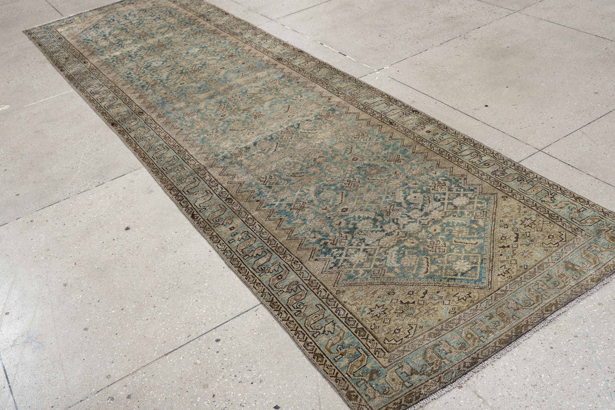 3' x 11' one-of-a-kind handmade antique Malayer runner rug. Color palette: ivory, turquoise, taupe, soft blue, charcoal
