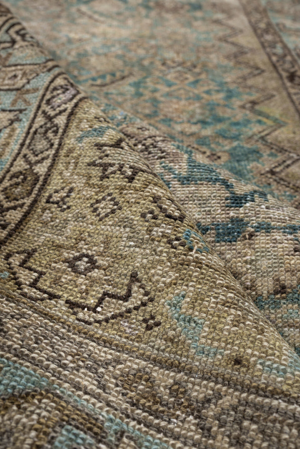 3' x 11' one-of-a-kind handmade antique Malayer runner rug. Color palette: ivory, turquoise, taupe, soft blue, charcoal
