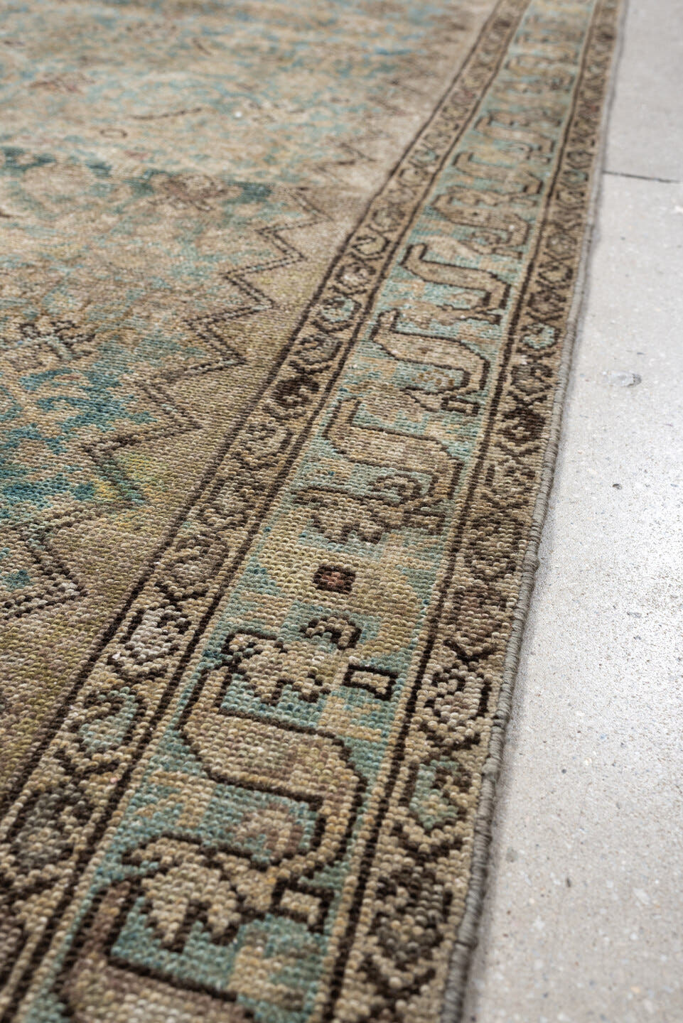 3' x 11' one-of-a-kind handmade antique Malayer runner rug. Color palette: ivory, turquoise, taupe, soft blue, charcoal