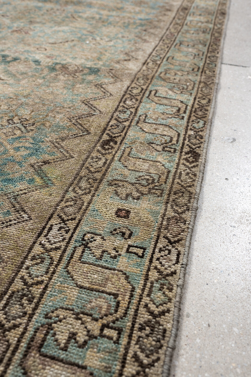 3' x 11' one-of-a-kind handmade antique Malayer runner rug. Color palette: ivory, turquoise, taupe, soft blue, charcoal