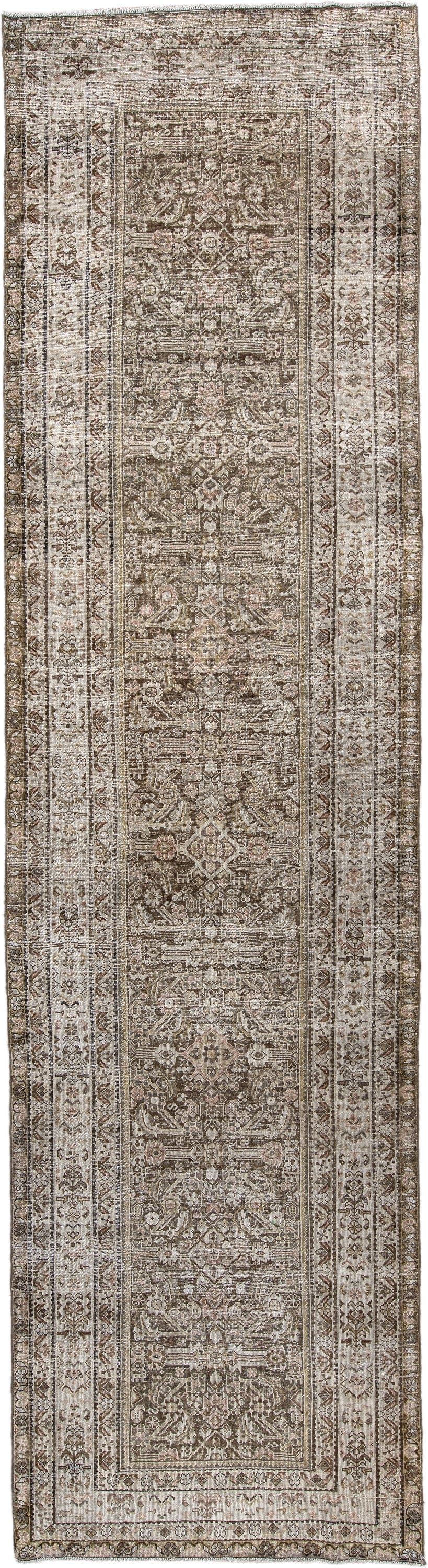3' x 12' one-of-a-kind handmade antique Malayer runner rug. Color palette: taupe, ivory, brown, charcoal, camel, sage, rose