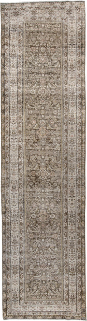 3' x 12' one-of-a-kind handmade antique Malayer runner rug. Color palette: taupe, ivory, brown, charcoal, camel, sage, rose