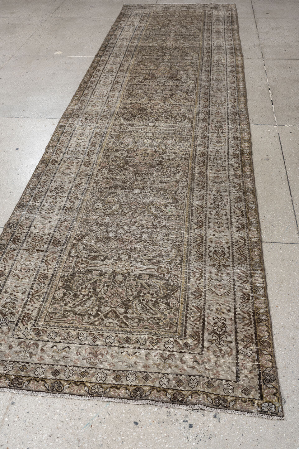 3' x 12' one-of-a-kind handmade antique Malayer runner rug. Color palette: taupe, ivory, brown, charcoal, camel, sage, rose