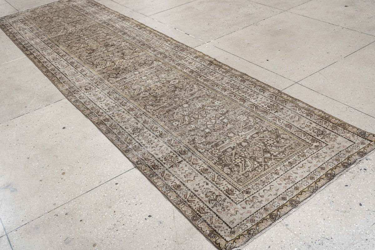 3' x 12' one-of-a-kind handmade antique Malayer runner rug. Color palette: taupe, ivory, brown, charcoal, camel, sage, rose