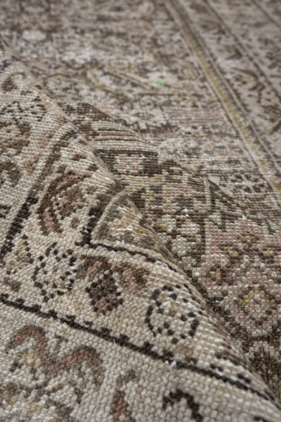 3' x 12' one-of-a-kind handmade antique Malayer runner rug. Color palette: taupe, ivory, brown, charcoal, camel, sage, rose