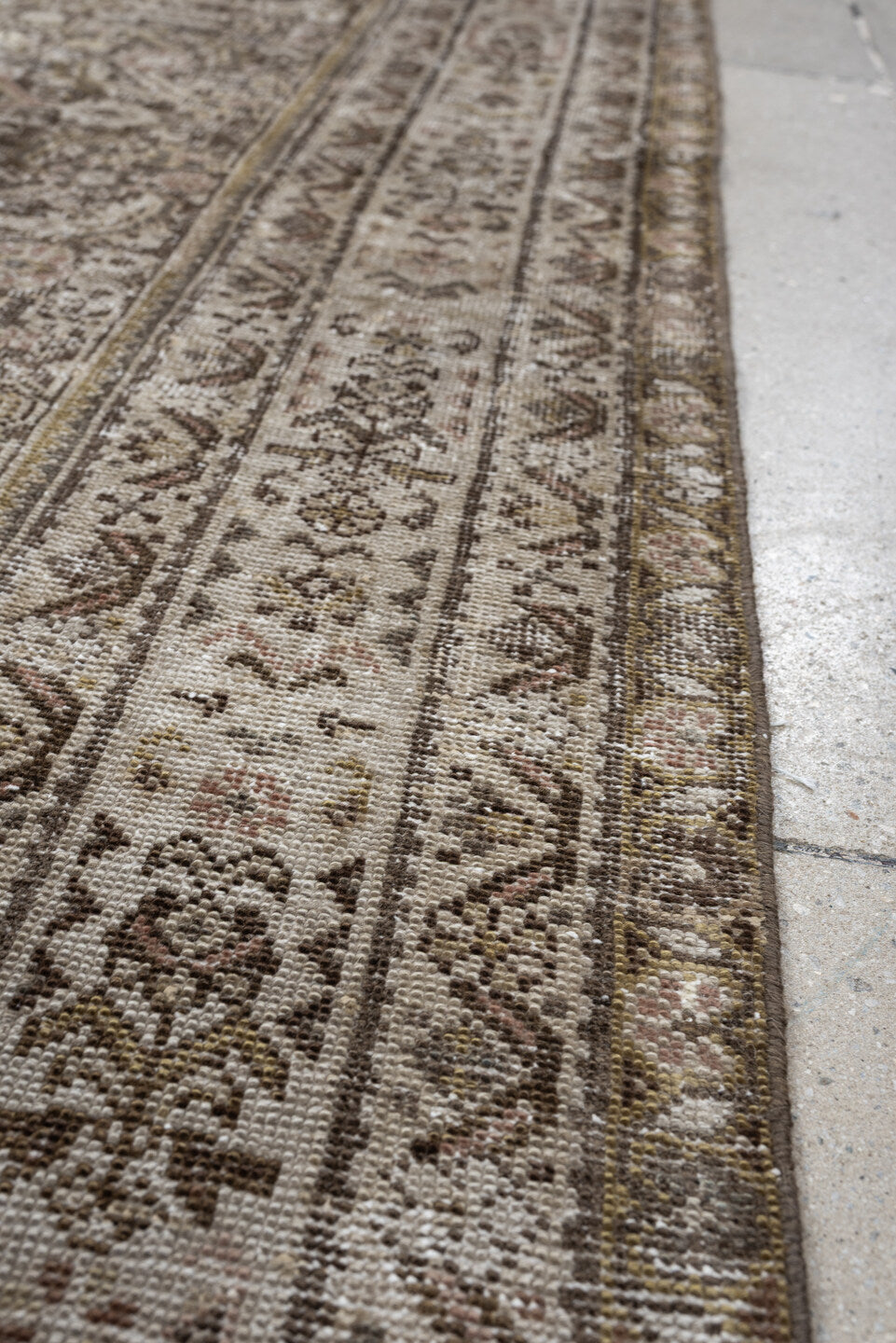 3' x 12' one-of-a-kind handmade antique Malayer runner rug. Color palette: taupe, ivory, brown, charcoal, camel, sage, rose