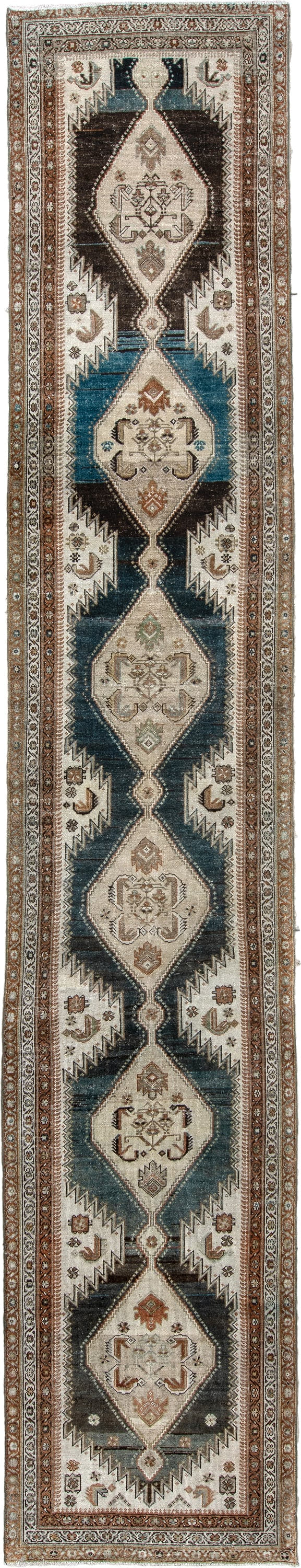 2' x 15' one-of-a-kind handmade antique Kurd runner rug. Color palette: ivory, charcoal, teal, rust, taupe, camel, sage