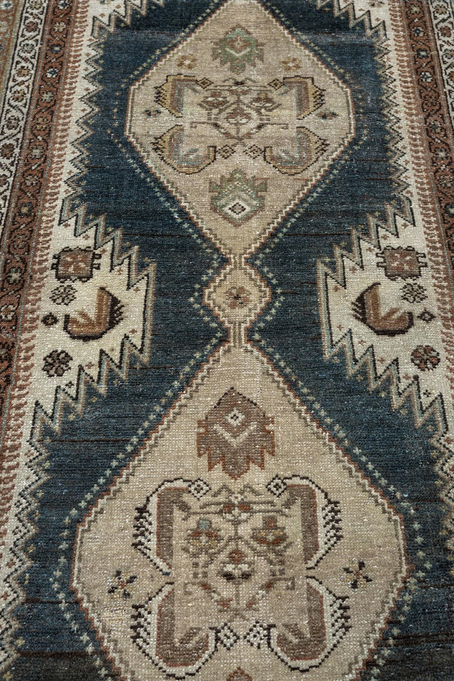 2' x 15' one-of-a-kind handmade antique Kurd runner rug. Color palette: ivory, charcoal, teal, rust, taupe, camel, sage