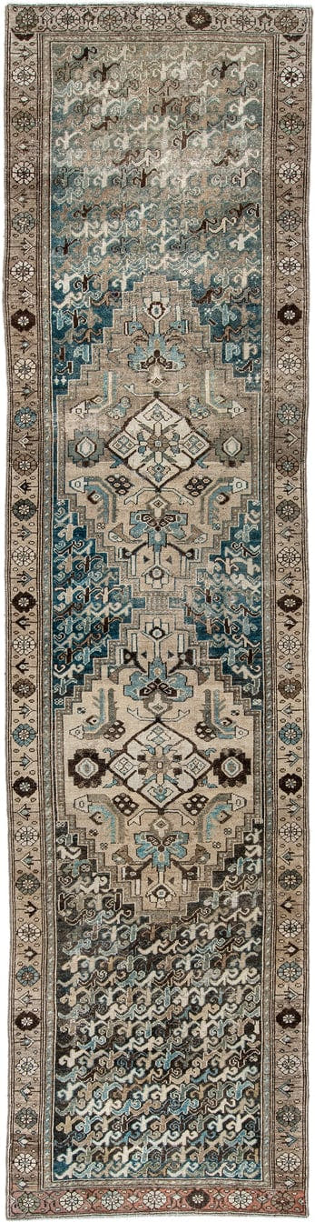 3' x 12' one-of-a-kind handmade antique Malayer runner rug. Color palette: teal, ivory, taupe, charcoal, slate, muted rose