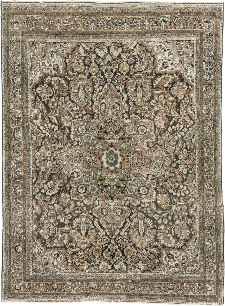 8' x 11' one-of-a-kind handmade antique Bibikabad large size rug. Color palette: taupe, ivory, brown, sage, blue gray