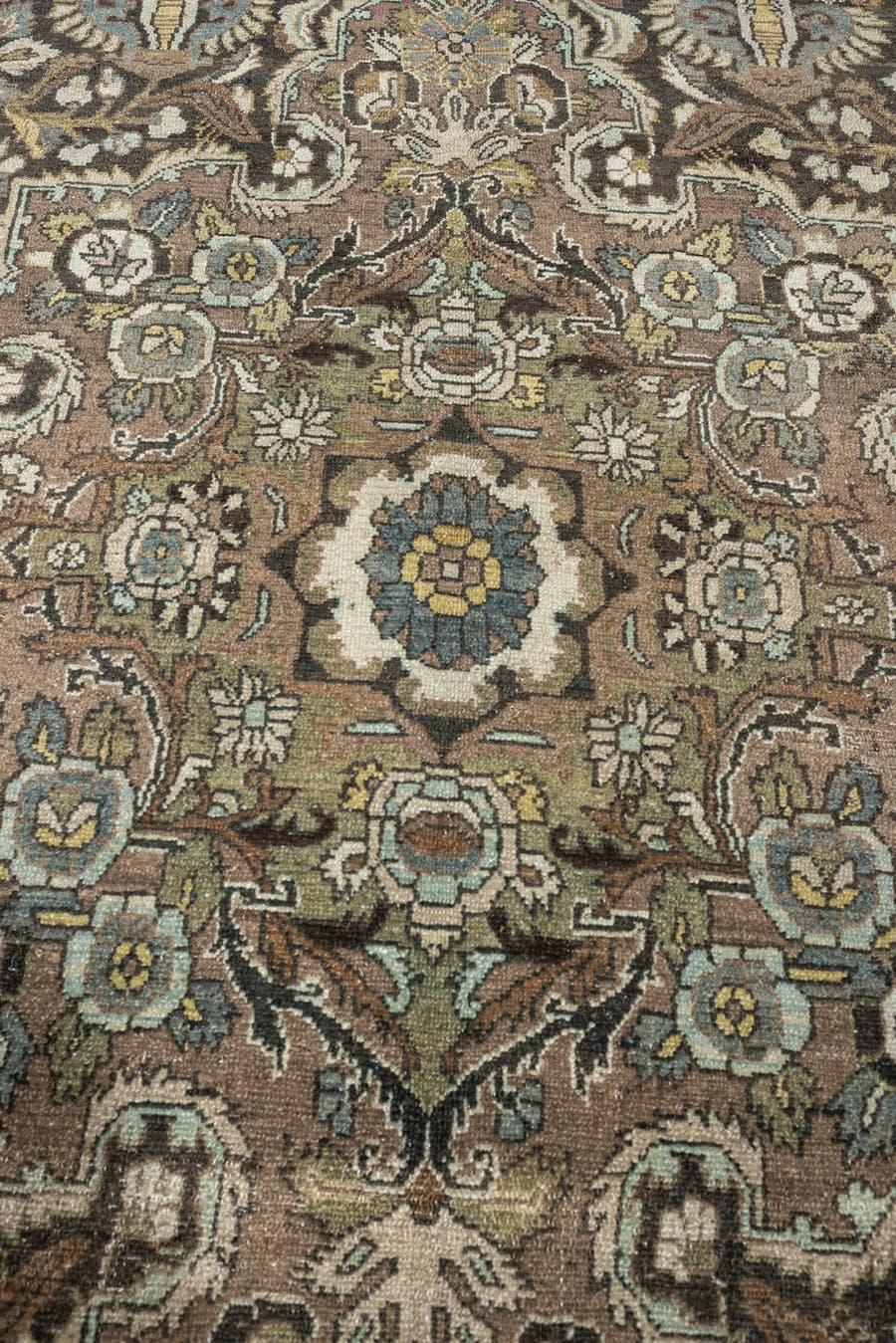 8' x 11' one-of-a-kind handmade antique Bibikabad large size rug. Color palette: taupe, ivory, brown, sage, blue gray