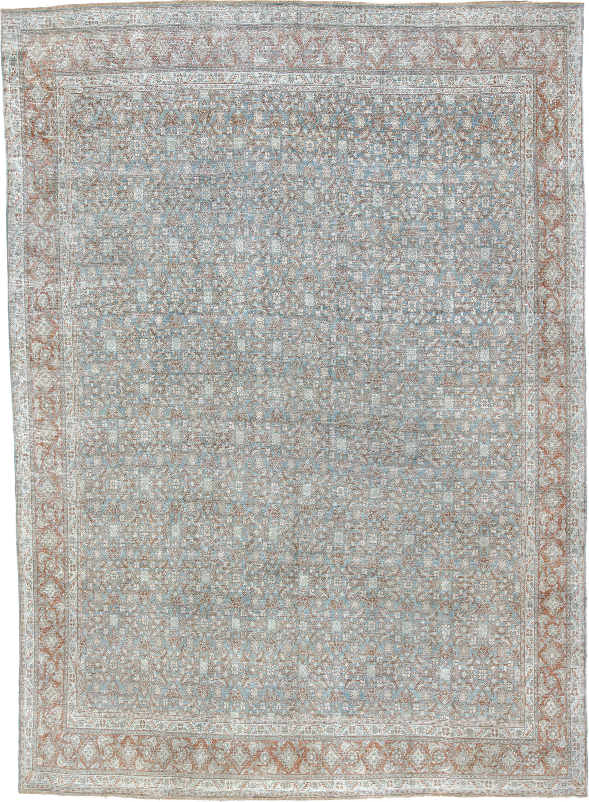 9' x 13' one-of-a-kind handmade antique Tabriz large size rug. Color palette: powder blue, ivory, terracotta, taupe, rust