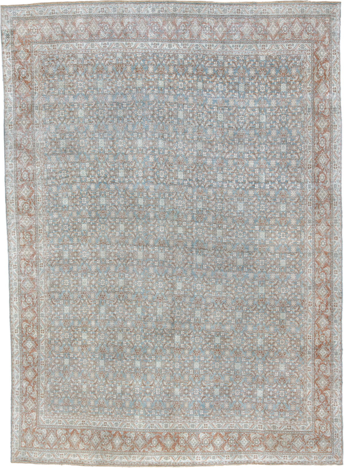 9' x 13' one-of-a-kind handmade antique Tabriz large size rug. Color palette: powder blue, ivory, terracotta, taupe, rust