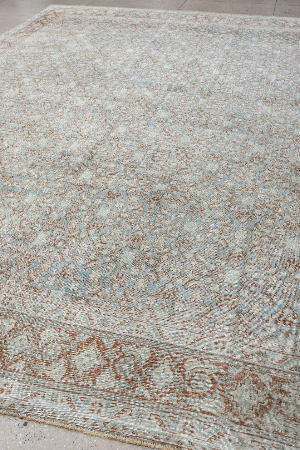 9' x 13' one-of-a-kind handmade antique Tabriz large size rug. Color palette: powder blue, ivory, terracotta, taupe, rust