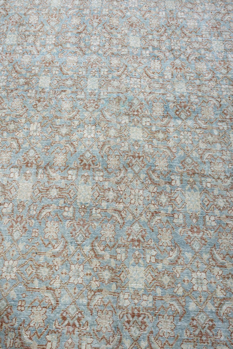 9' x 13' one-of-a-kind handmade antique Tabriz large size rug. Color palette: powder blue, ivory, terracotta, taupe, rust
