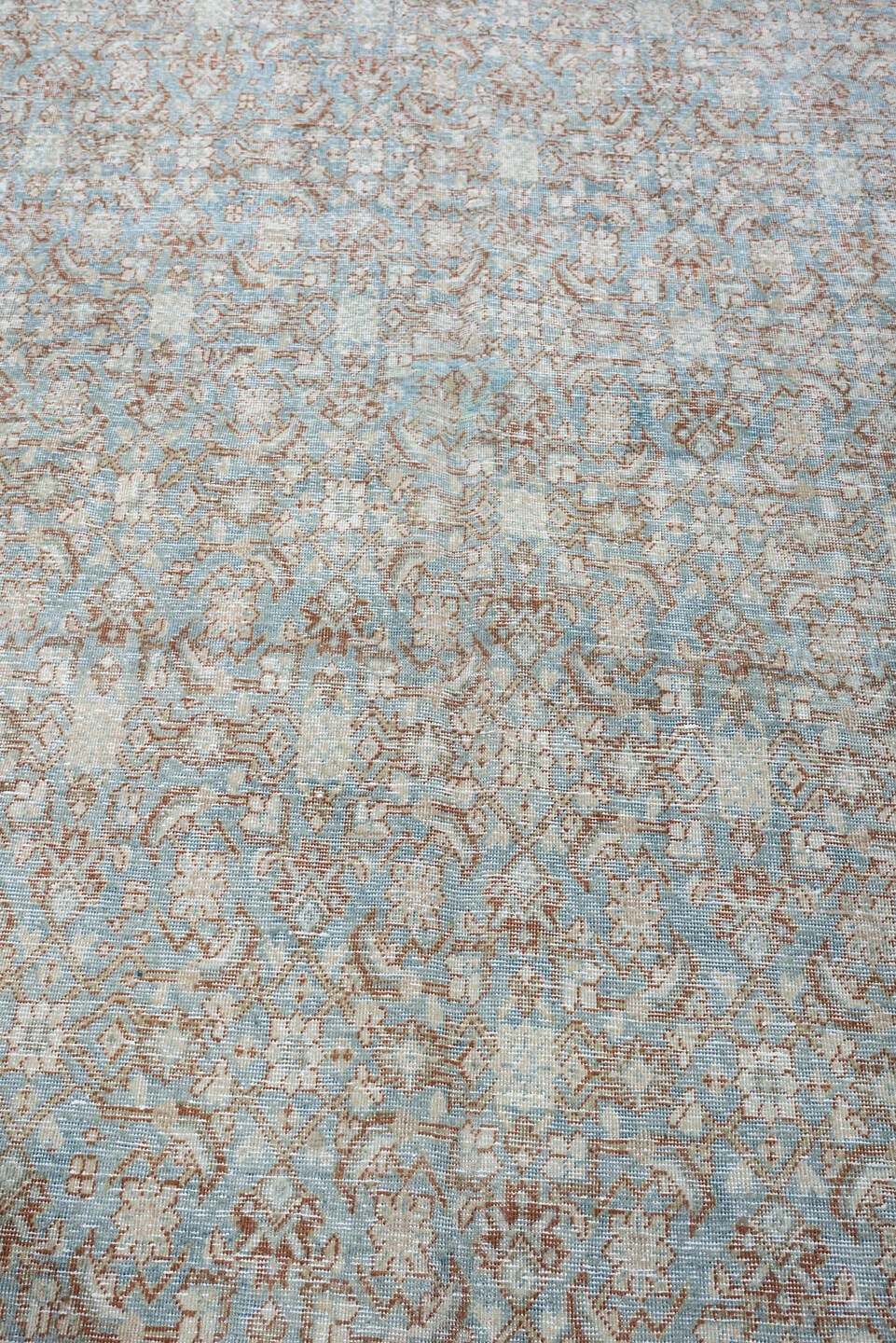 9' x 13' one-of-a-kind handmade antique Tabriz large size rug. Color palette: powder blue, ivory, terracotta, taupe, rust