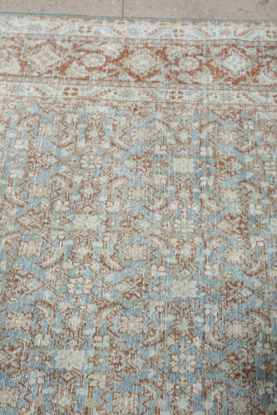 9' x 13' one-of-a-kind handmade antique Tabriz large size rug. Color palette: powder blue, ivory, terracotta, taupe, rust