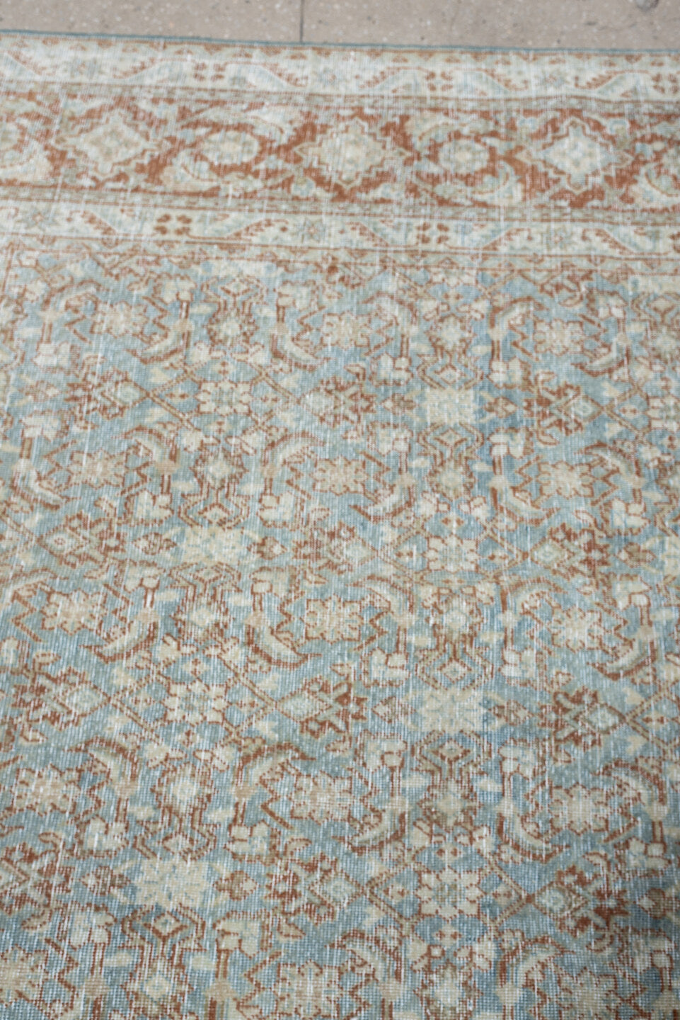 9' x 13' one-of-a-kind handmade antique Tabriz large size rug. Color palette: powder blue, ivory, terracotta, taupe, rust