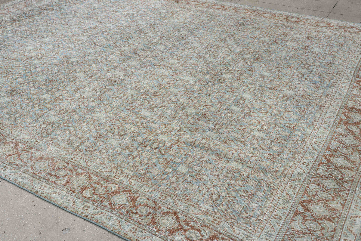 9' x 13' one-of-a-kind handmade antique Tabriz large size rug. Color palette: powder blue, ivory, terracotta, taupe, rust