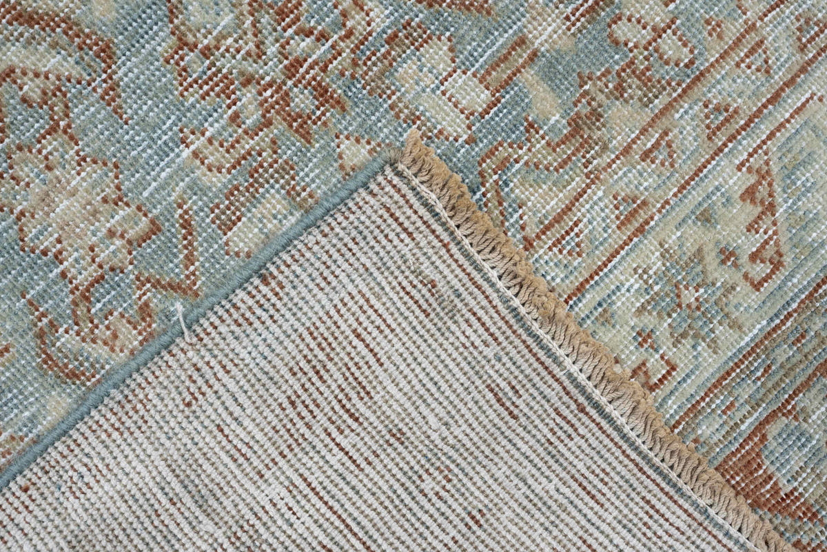 9' x 13' one-of-a-kind handmade antique Tabriz large size rug. Color palette: powder blue, ivory, terracotta, taupe, rust