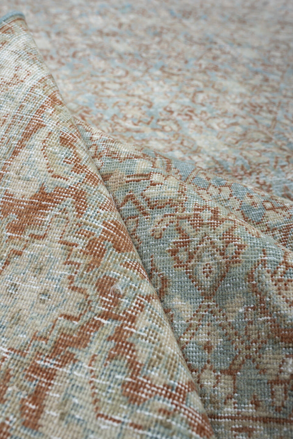 9' x 13' one-of-a-kind handmade antique Tabriz large size rug. Color palette: powder blue, ivory, terracotta, taupe, rust