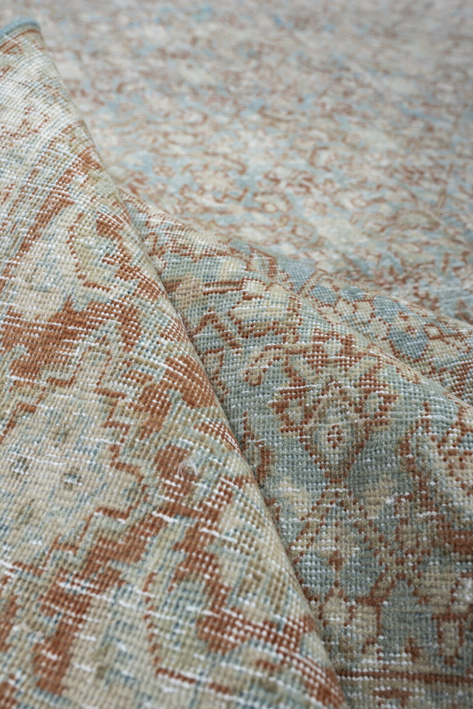 9' x 13' one-of-a-kind handmade antique Tabriz large size rug. Color palette: powder blue, ivory, terracotta, taupe, rust