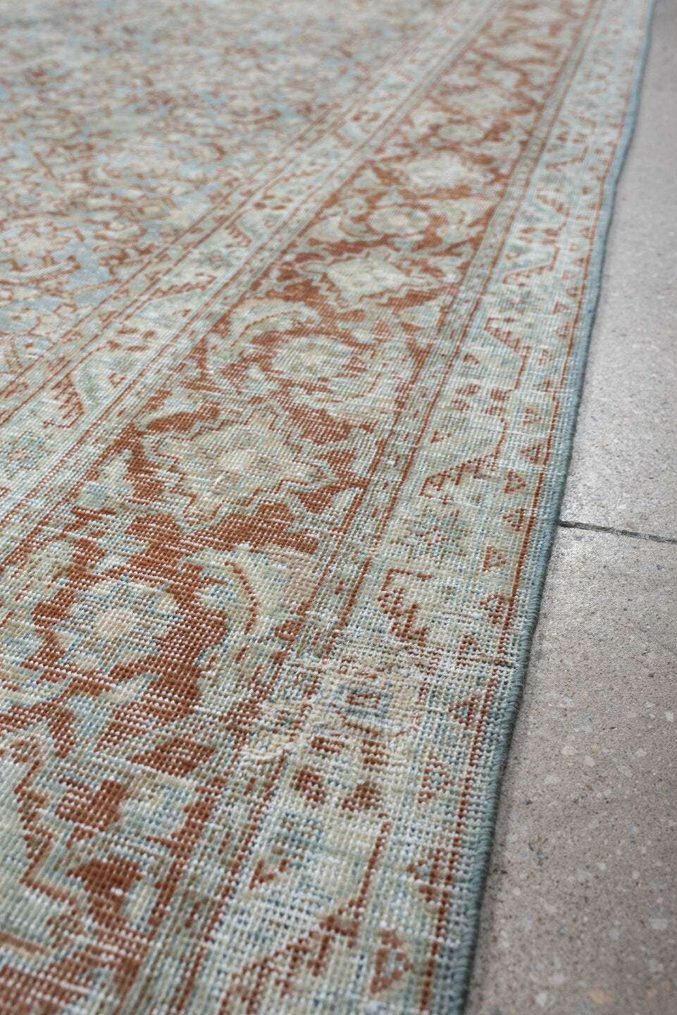 9' x 13' one-of-a-kind handmade antique Tabriz large size rug. Color palette: powder blue, ivory, terracotta, taupe, rust