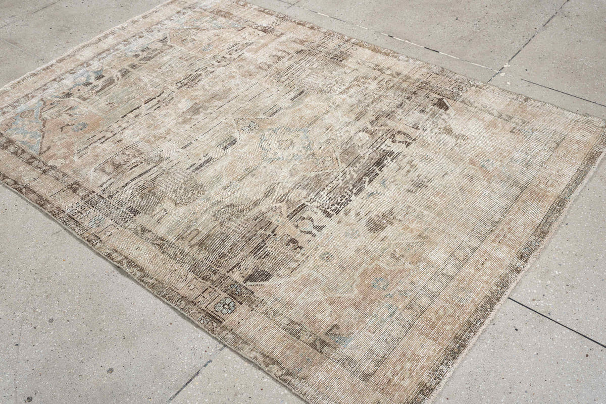 4' x 6' one-of-a-kind handmade antique Hamadan small size rug. Color palette: ivory, taupe, beige, blue gray, charcoal