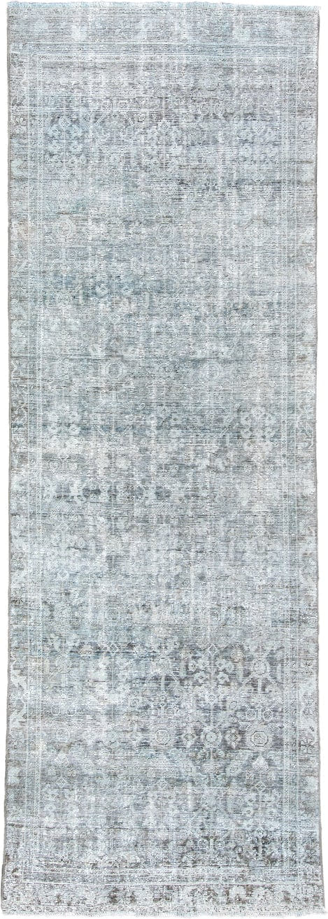 3' x 10' one-of-a-kind handmade antique Mahal runner rug. Color palette: blue gray, ivory, slate, charcoal, taupe, sage