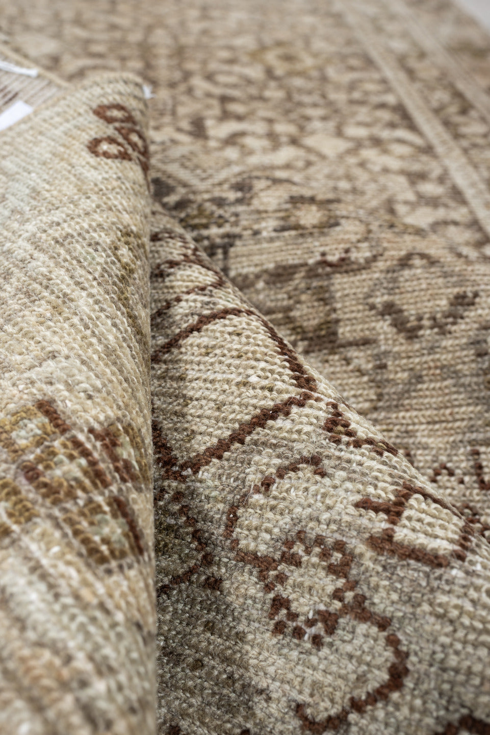 3' x 13' one-of-a-kind handmade antique Malayer runner rug. Color palette: ivory, taupe, camel, charcoal, brown, sage