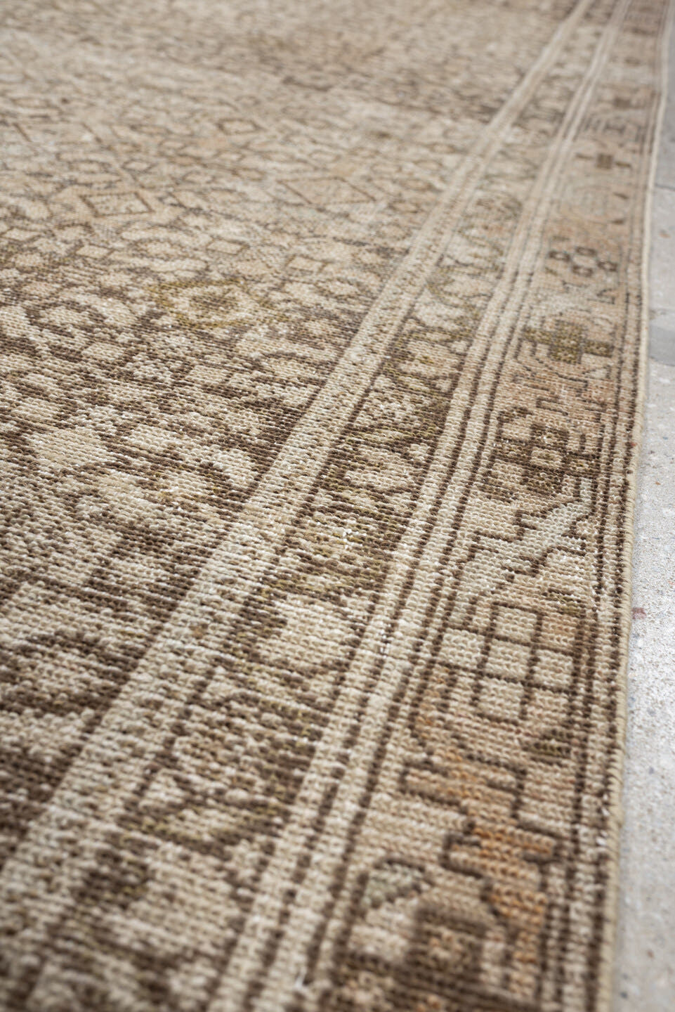 3' x 13' one-of-a-kind handmade antique Malayer runner rug. Color palette: ivory, taupe, camel, charcoal, brown, sage