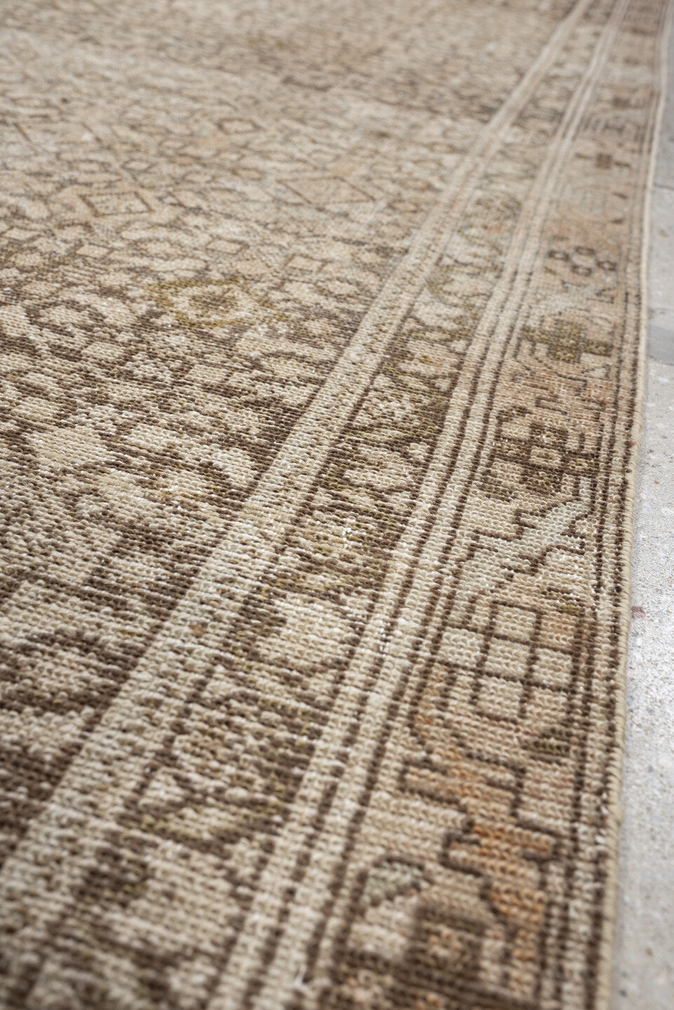 3' x 13' one-of-a-kind handmade antique Malayer runner rug. Color palette: ivory, taupe, camel, charcoal, brown, sage
