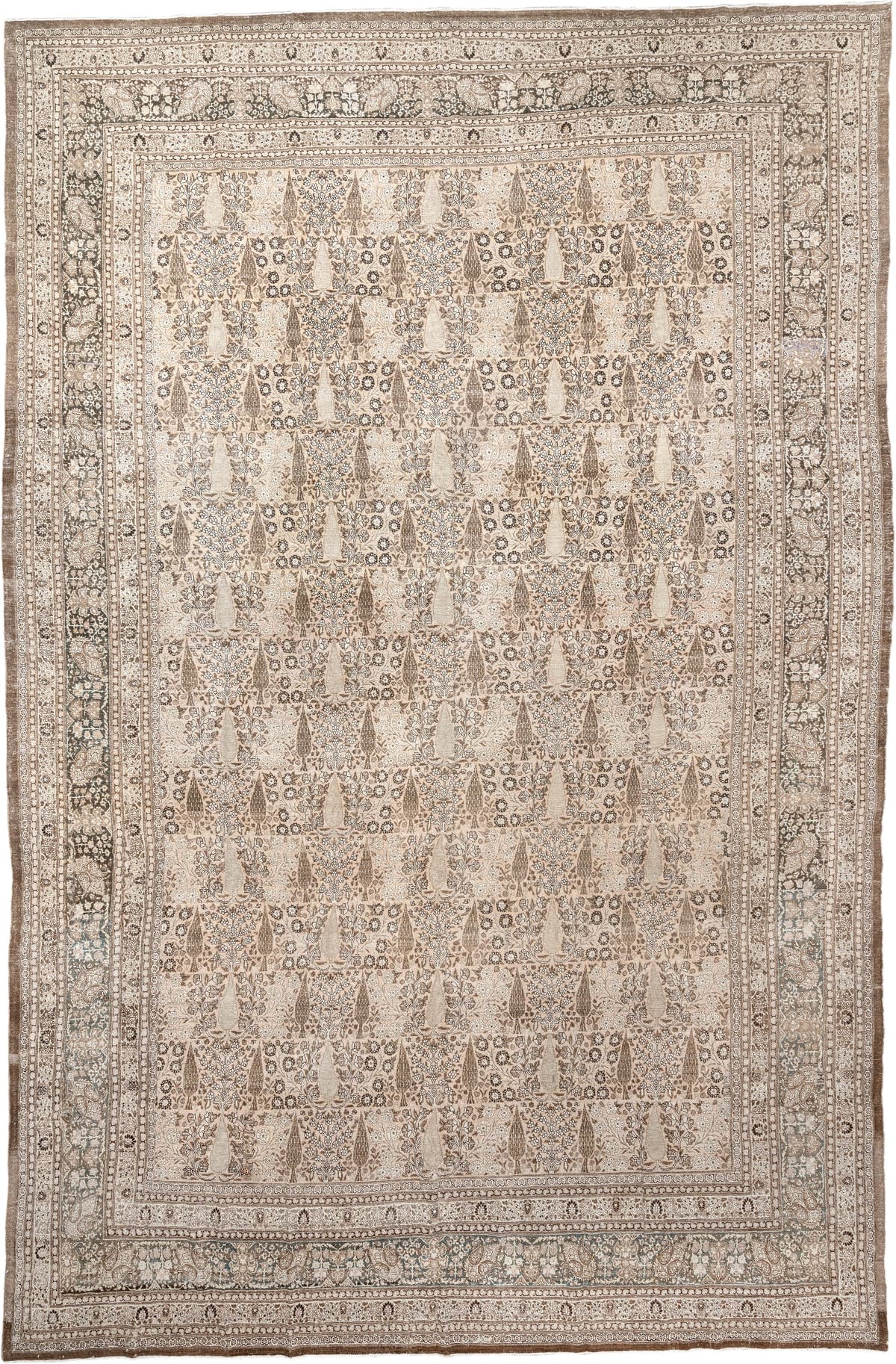 13' x 19' one-of-a-kind handmade antique Tabriz oversize rug. Color palette: ivory, taupe, brown, charcoal, blue gray, beige