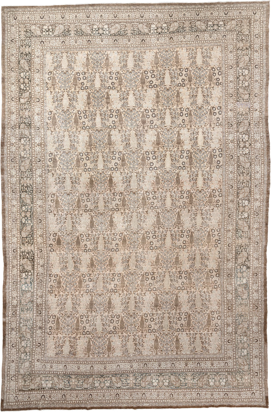 13' x 19' one-of-a-kind handmade antique Tabriz oversize rug. Color palette: ivory, taupe, brown, charcoal, blue gray, beige