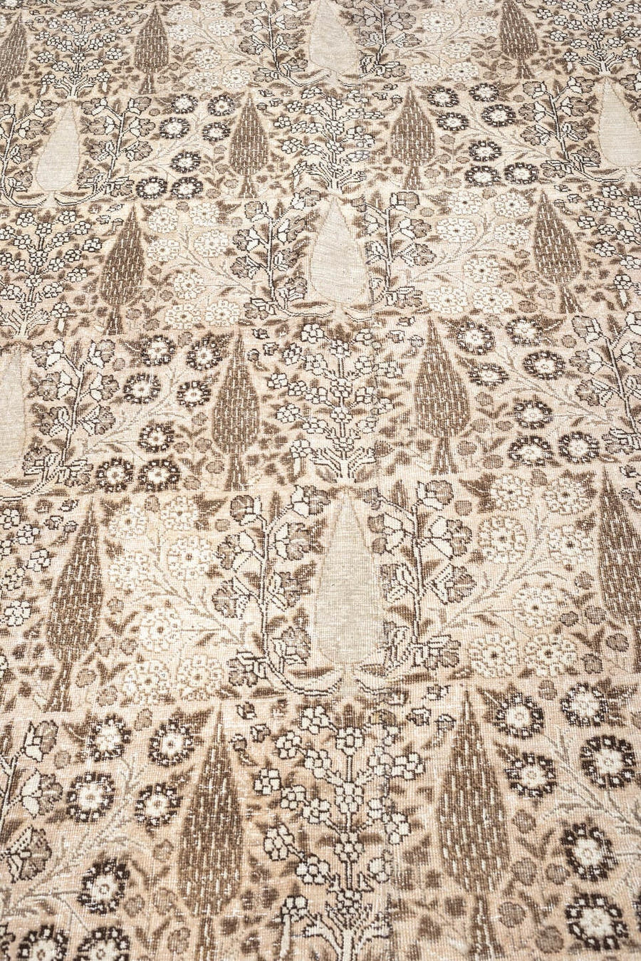 13' x 19' one-of-a-kind handmade antique Tabriz oversize rug. Color palette: ivory, taupe, brown, charcoal, blue gray, beige
