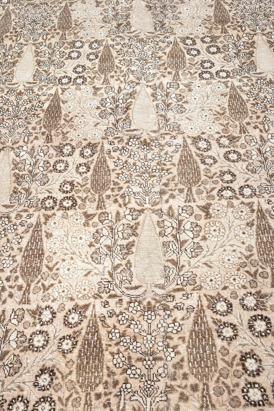 13' x 19' one-of-a-kind handmade antique Tabriz oversize rug. Color palette: ivory, taupe, brown, charcoal, blue gray, beige