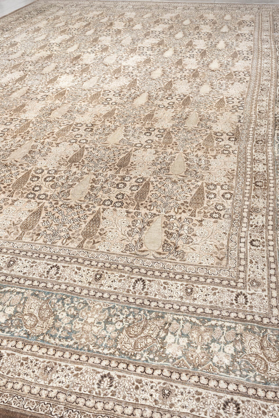 13' x 19' one-of-a-kind handmade antique Tabriz oversize rug. Color palette: ivory, taupe, brown, charcoal, blue gray, beige