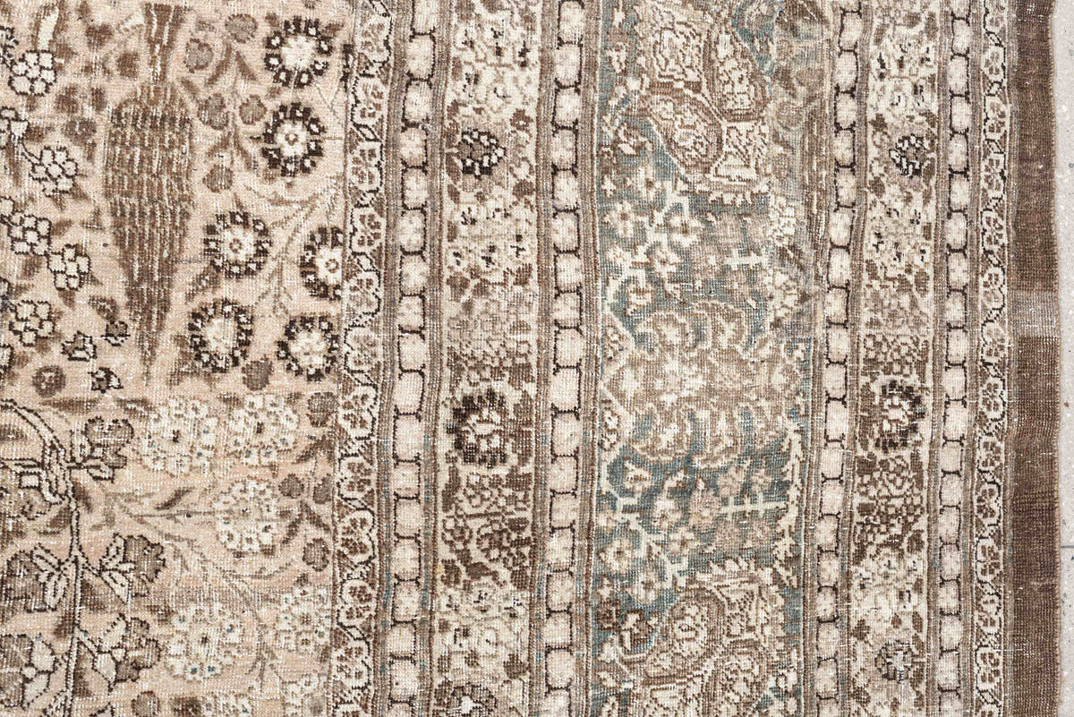 13' x 19' one-of-a-kind handmade antique Tabriz oversize rug. Color palette: ivory, taupe, brown, charcoal, blue gray, beige