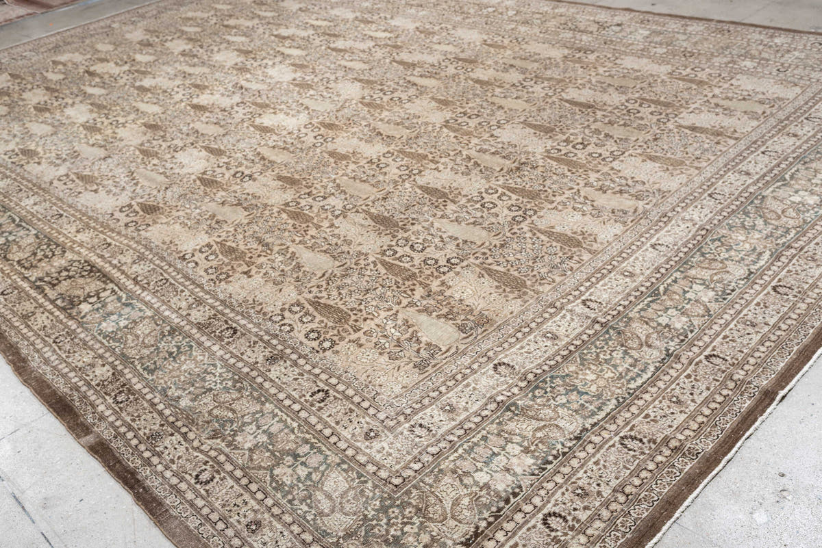 13' x 19' one-of-a-kind handmade antique Tabriz oversize rug. Color palette: ivory, taupe, brown, charcoal, blue gray, beige