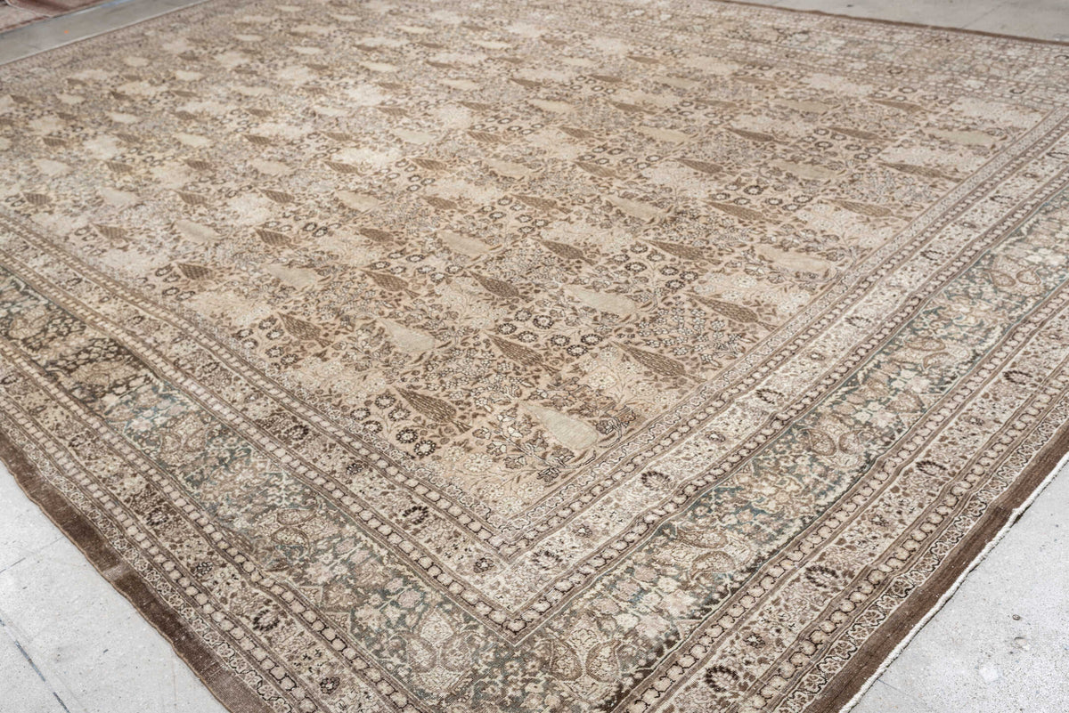 13' x 19' one-of-a-kind handmade antique Tabriz oversize rug. Color palette: ivory, taupe, brown, charcoal, blue gray, beige