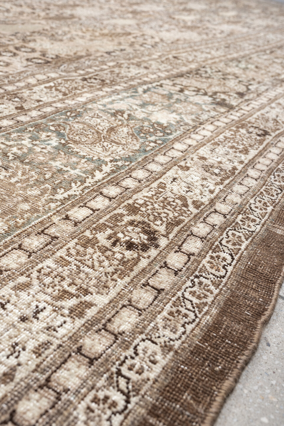 13' x 19' one-of-a-kind handmade antique Tabriz oversize rug. Color palette: ivory, taupe, brown, charcoal, blue gray, beige