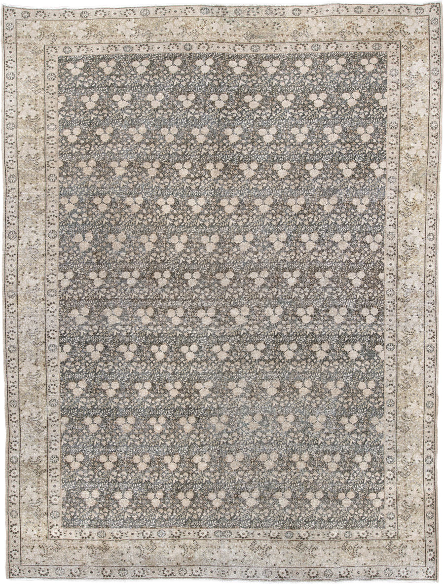 9' x 12' one-of-a-kind handmade antique Khorassan large size rug. Color palette: slate blue, ivory, taupe, charcoal, cream