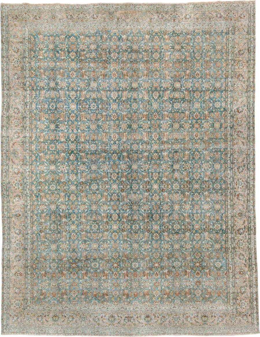 9' x 12' one-of-a-kind handmade antique Khorassan large size rug. Color palette: turquoise, ivory, sand, taupe, sage, camel