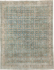 9' x 12' one-of-a-kind handmade antique Khorassan large size rug. Color palette: turquoise, ivory, sand, taupe, sage, camel