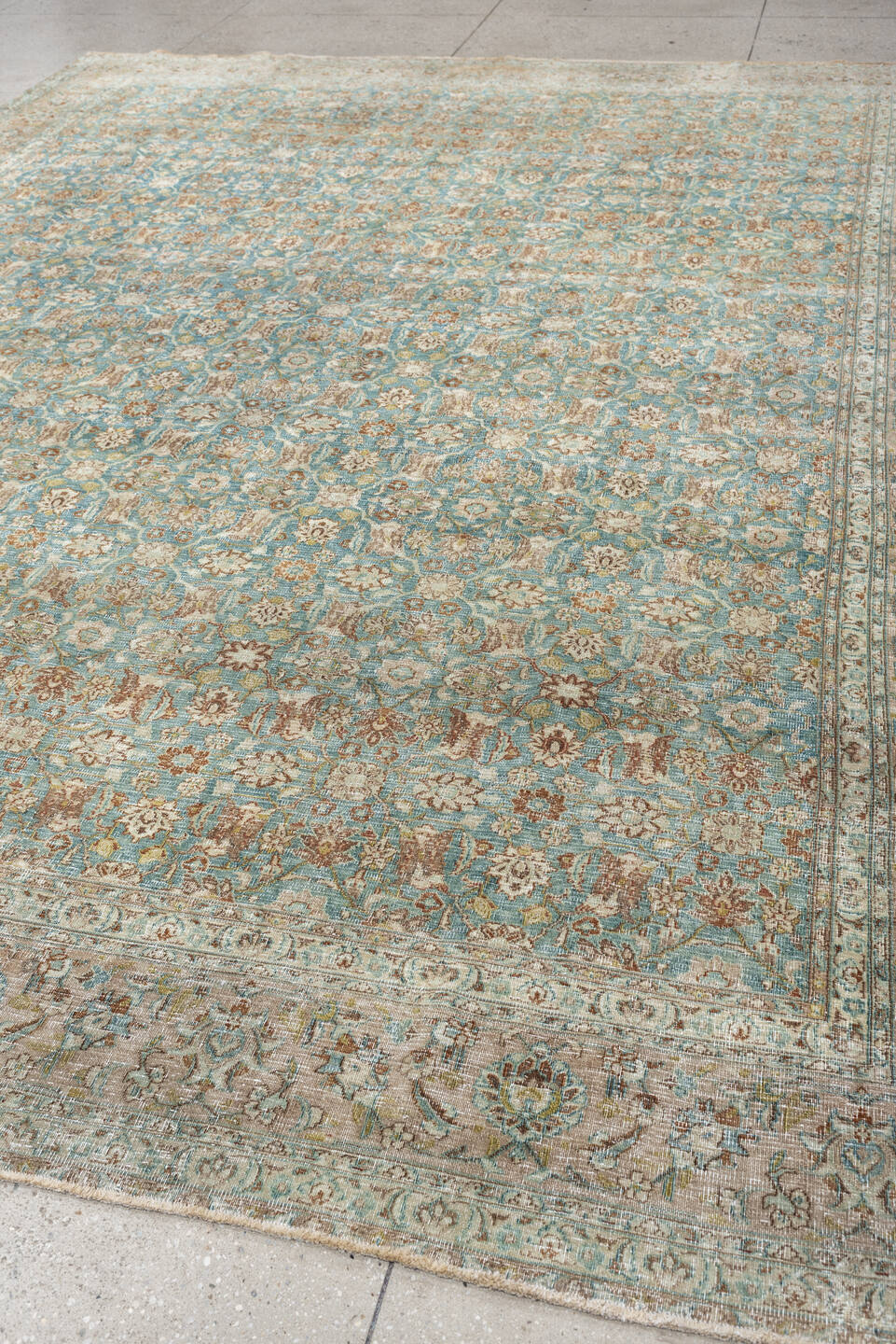 9' x 12' one-of-a-kind handmade antique Khorassan large size rug. Color palette: turquoise, ivory, sand, taupe, sage, camel
