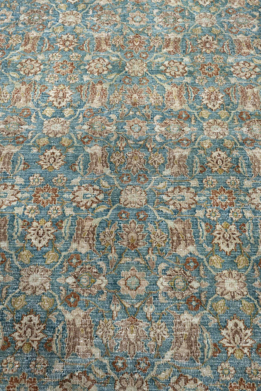 9' x 12' one-of-a-kind handmade antique Khorassan large size rug. Color palette: turquoise, ivory, sand, taupe, sage, camel