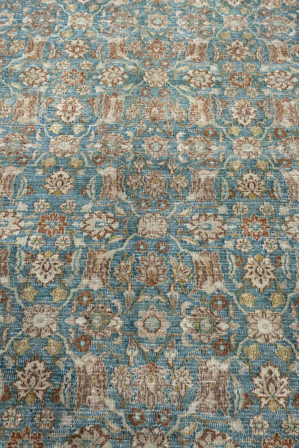 9' x 12' one-of-a-kind handmade antique Khorassan large size rug. Color palette: turquoise, ivory, sand, taupe, sage, camel