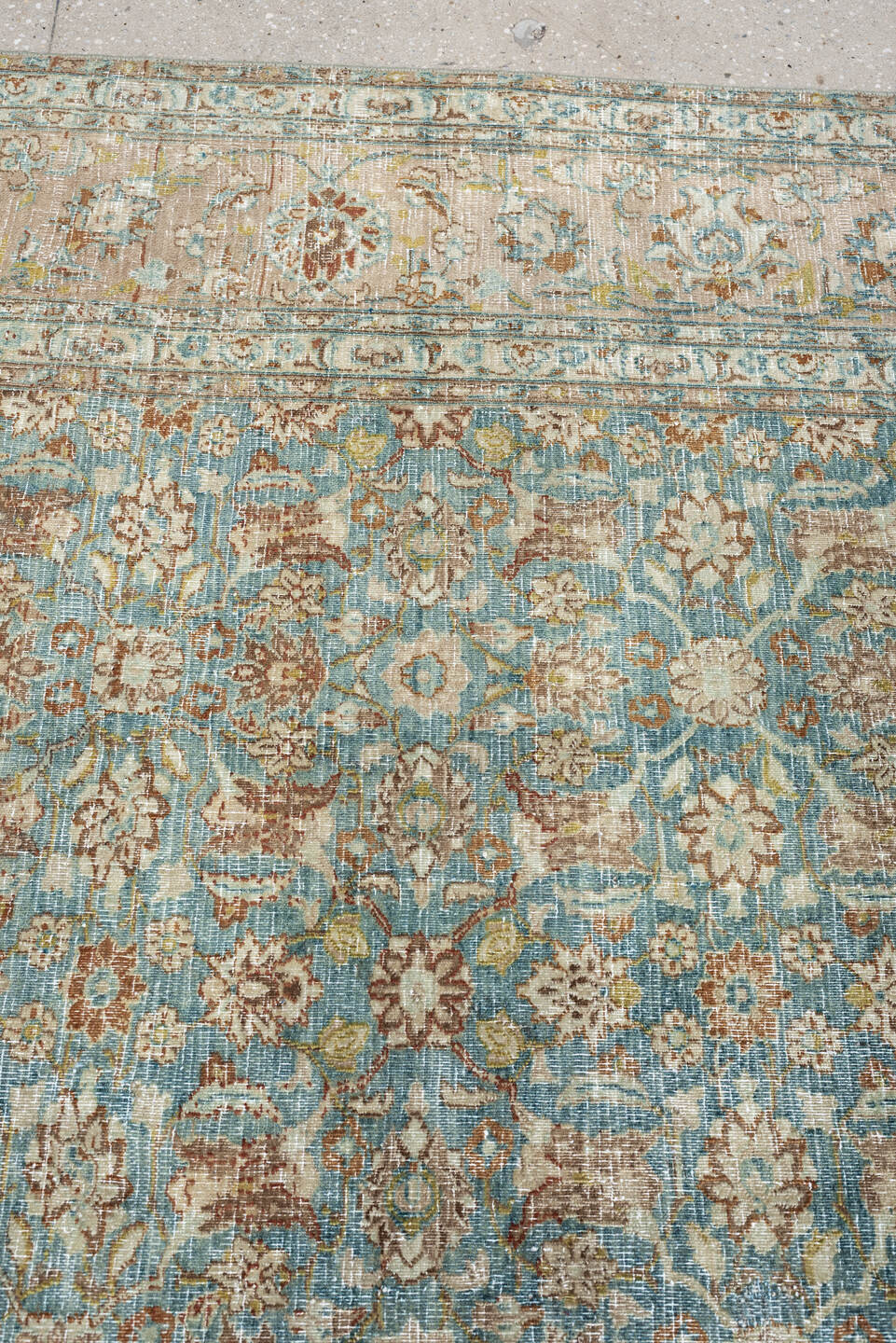 9' x 12' one-of-a-kind handmade antique Khorassan large size rug. Color palette: turquoise, ivory, sand, taupe, sage, camel