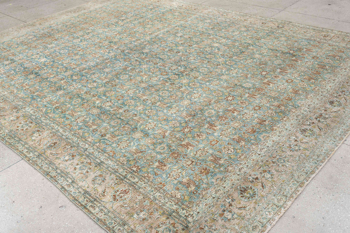 9' x 12' one-of-a-kind handmade antique Khorassan large size rug. Color palette: turquoise, ivory, sand, taupe, sage, camel