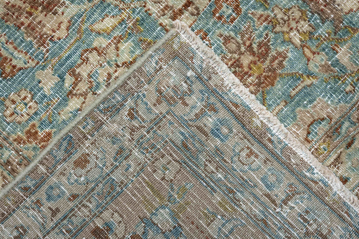 9' x 12' one-of-a-kind handmade antique Khorassan large size rug. Color palette: turquoise, ivory, sand, taupe, sage, camel